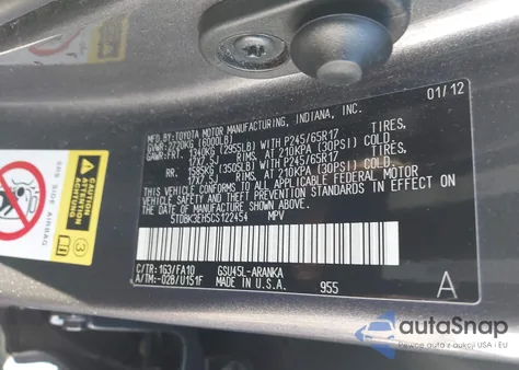 2012 Toyota Highlander Base V6 из США, поврежденный, VIN 5TDBK3EH5CS122454